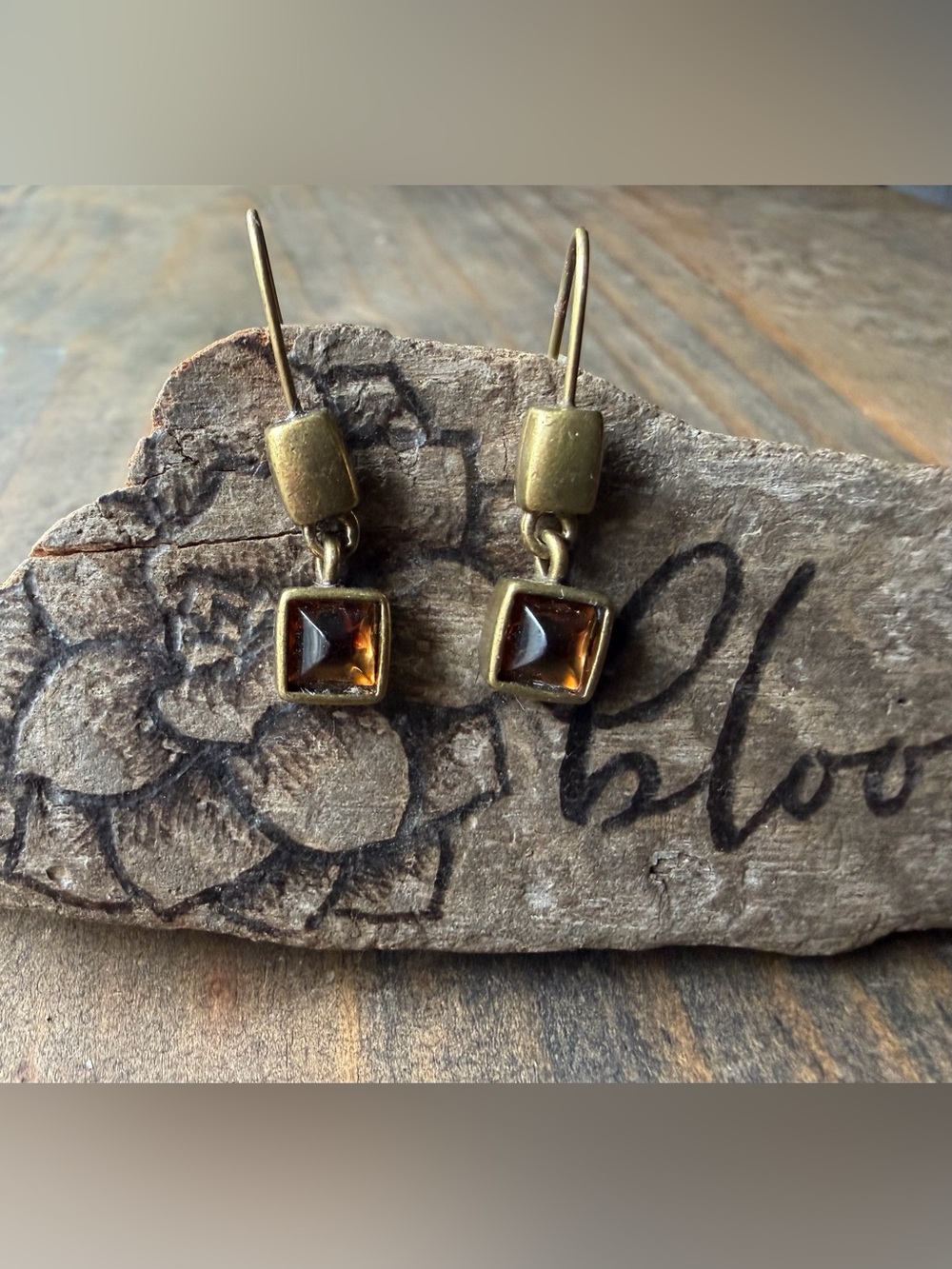 Antique Brass Square Amber Drop Earrings